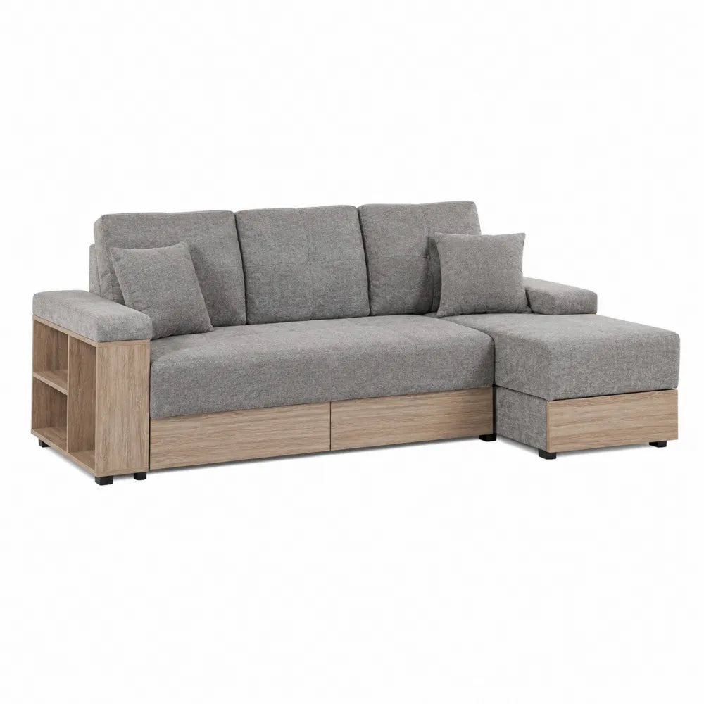 Sofa z tkaniny poliestrowej z półką i schowkiem, szara