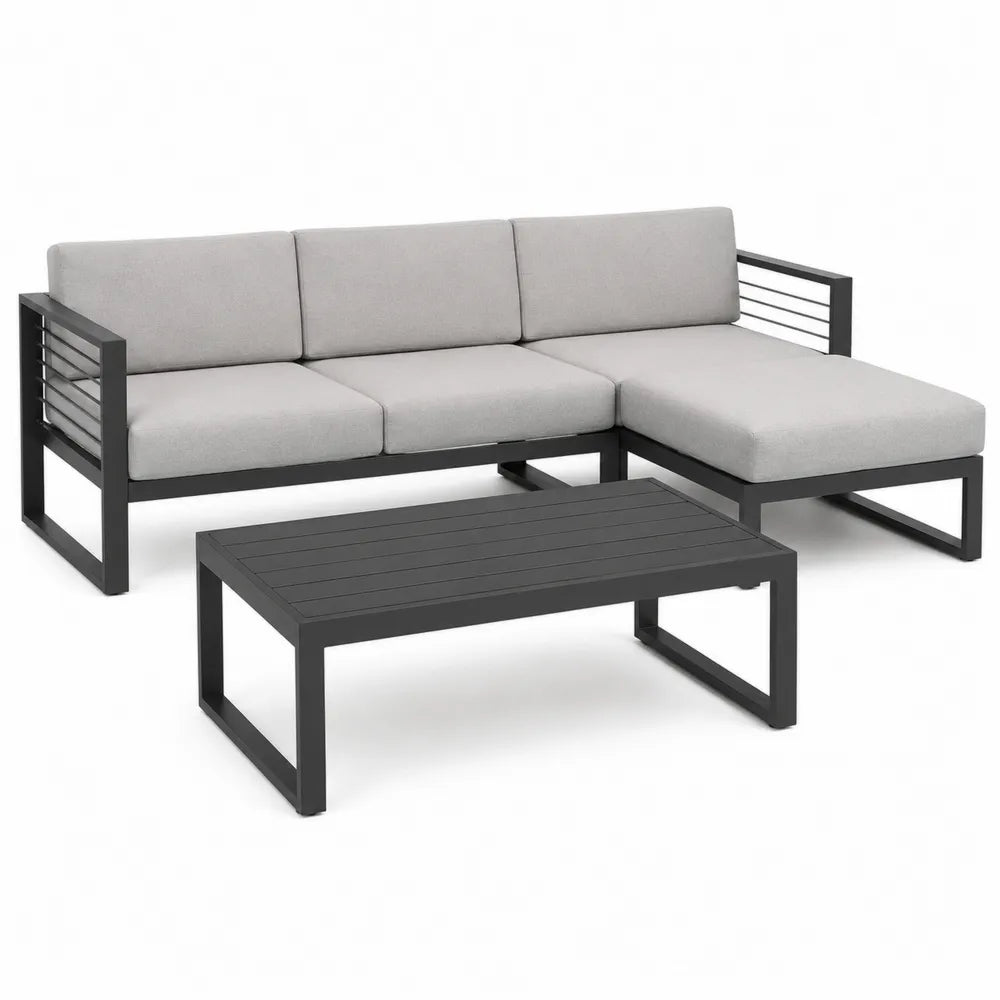 Zestaw ogrodowy metalowy z szarymi poduszkami, sofa narożna i stolik kawowy