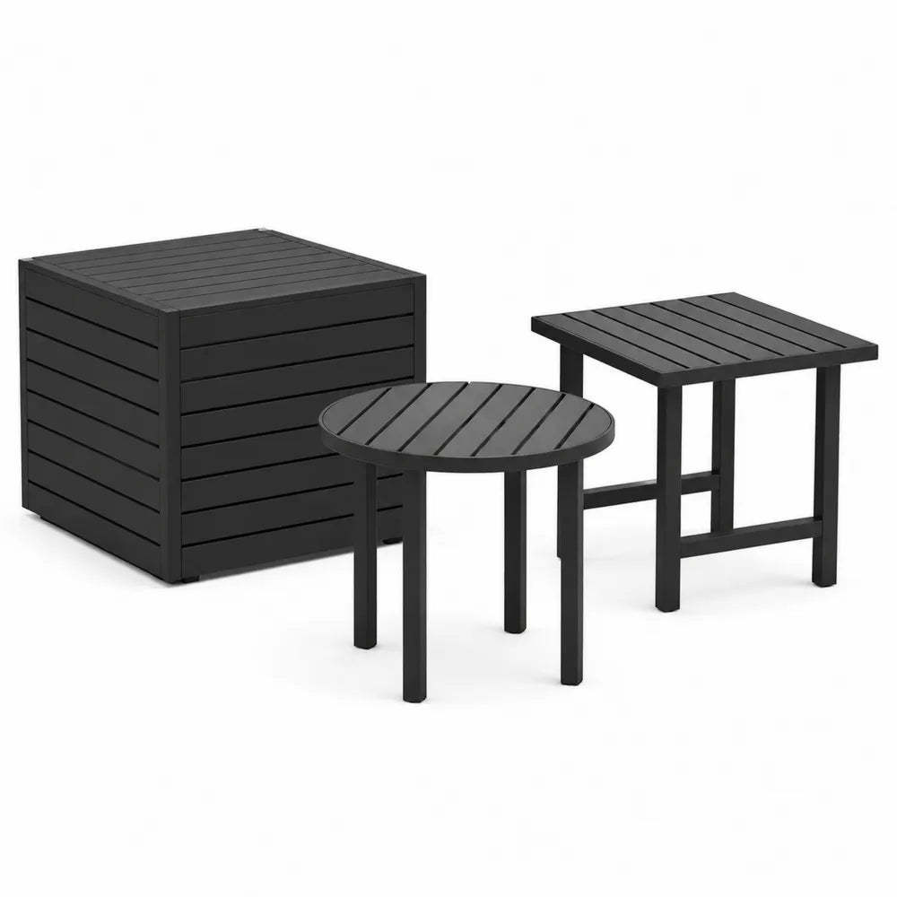 Aluminiowy zestaw stołów ogrodowych czarny, 3 sztuki, stół okrągły i kwadratowy