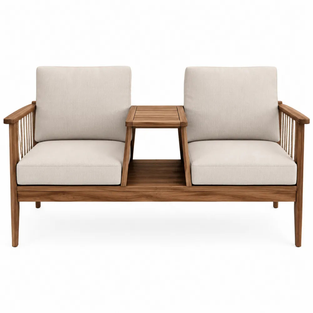 Podwójna sofa drewniana z beżowymi poduszkami