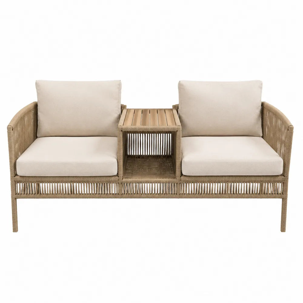 Dwuosobowa sofa ogrodowa z drewnianym stolikiem beżowa