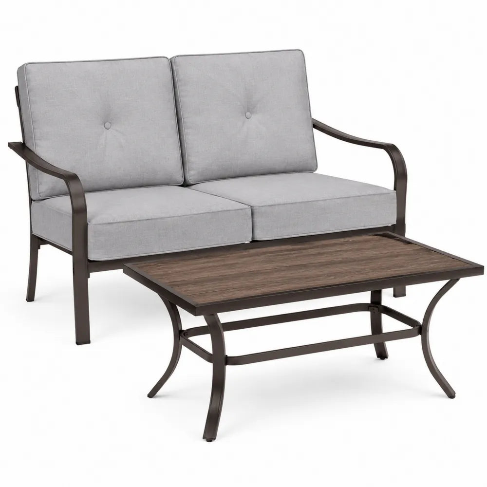 Zestaw mebli ogrodowych sofa 2-osobowa z poduszkami stal/drewno