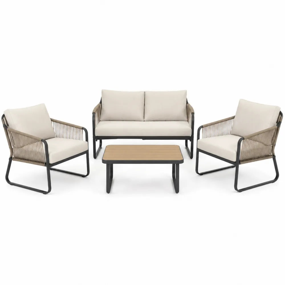 Stalowy zestaw mebli ogrodowych - sofa, fotele, stolik, beżowy