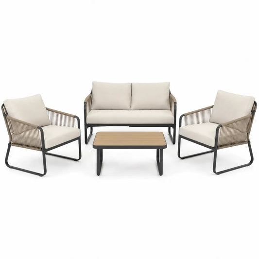 Stalowy zestaw mebli ogrodowych - sofa, fotele, stolik, beżowy