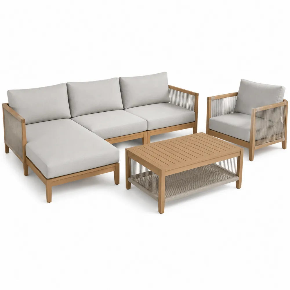 Drewniany zestaw mebli wypoczynkowych z szarą tapicerką, sofa narożna, fotel i stolik
