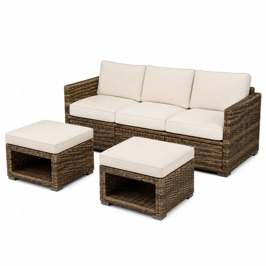 Zestaw sofa zewnętrzna z technorattanu z podnóżkami, beżowy