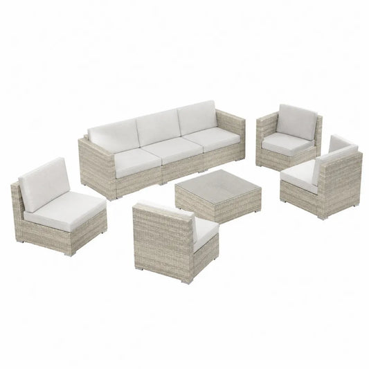 Zestaw ogrodowy z technorattanu, kremowy, sofa 3-osobowa, fotele, stolik