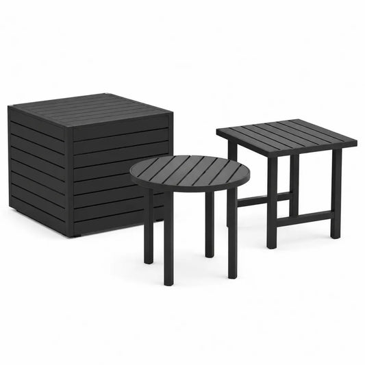 Aluminiowy zestaw stołów ogrodowych czarny, 3 sztuki, stół okrągły i kwadratowy