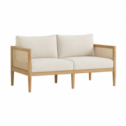 Dwuosobowa sofa z drewna teak z tkaniną poliestrową beżowa