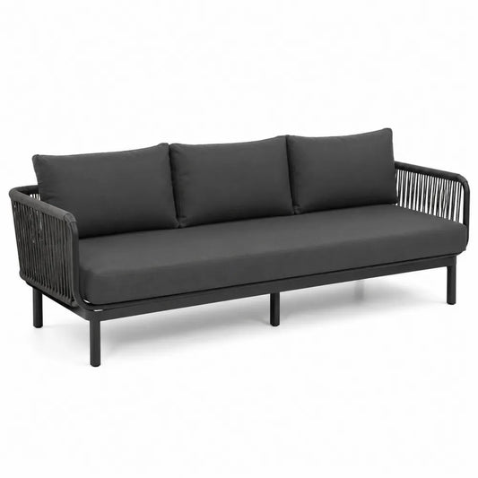 Sofa ogrodowa trzyosobowa aluminiowa z czarnymi poduszkami