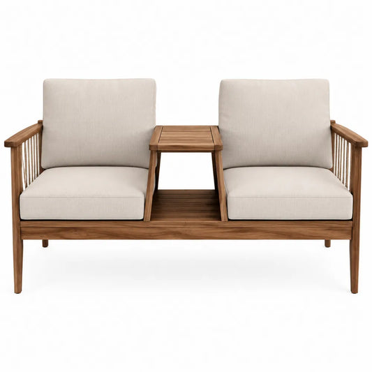 Podwójna sofa drewniana z beżowymi poduszkami