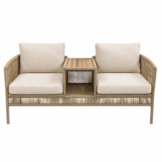 Dwuosobowa sofa ogrodowa z drewnianym stolikiem beżowa